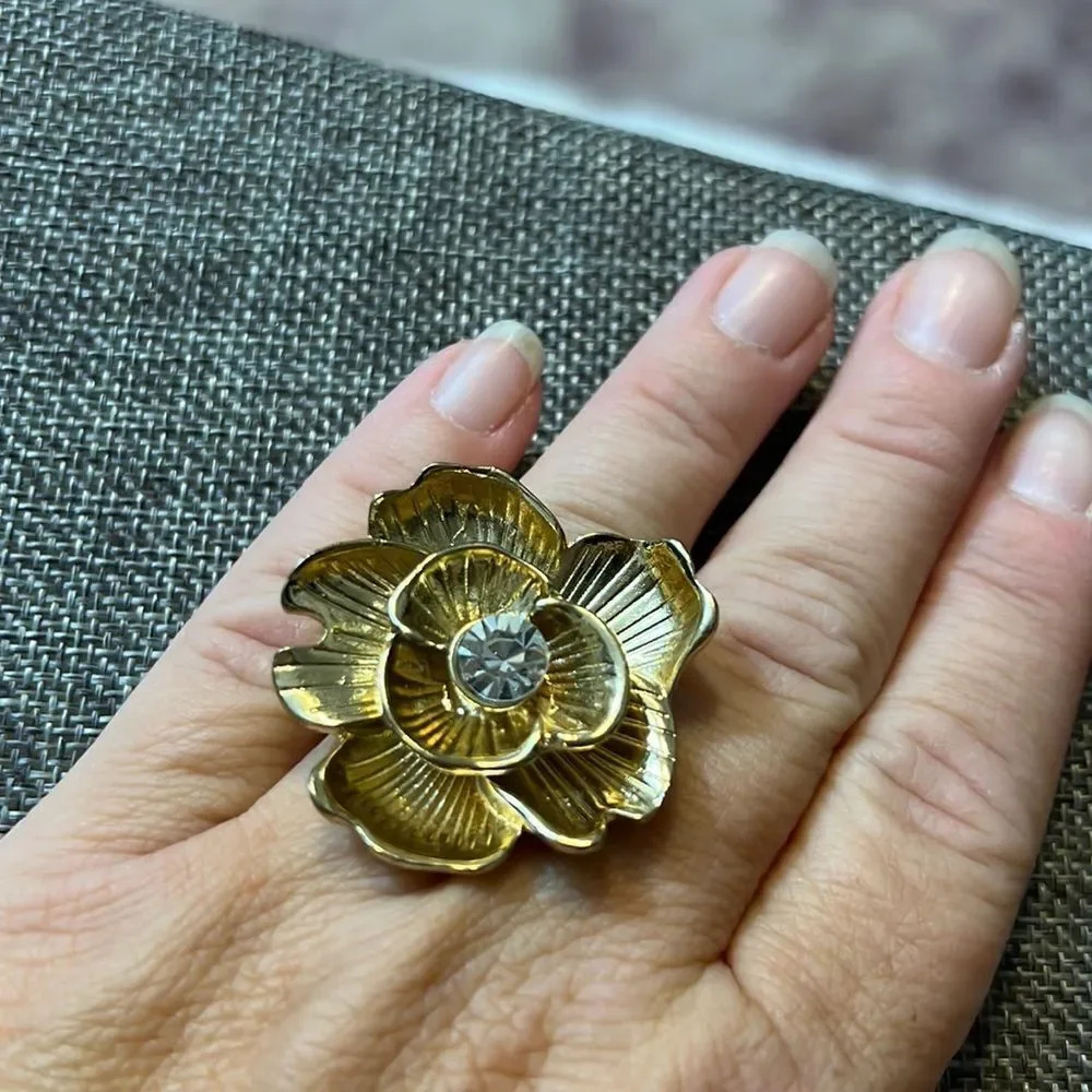 Gold Plated Flower Statement Ring One Size